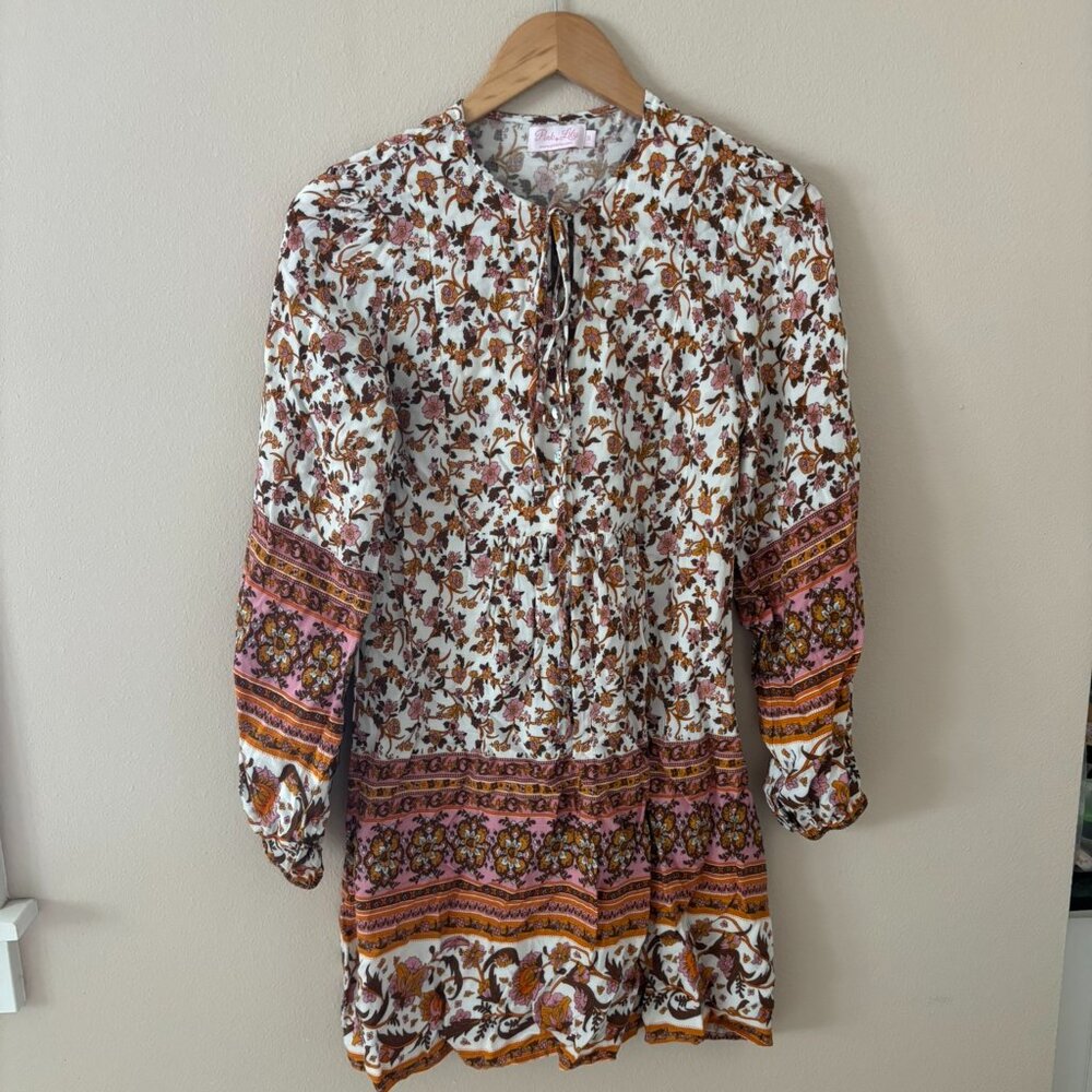 Pink Lily Boho LS Floral Dress White, Orange Pink Border Print Size Small
